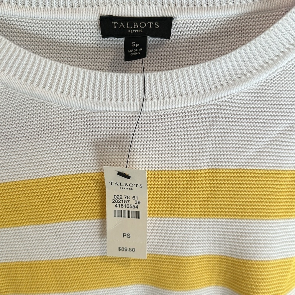 Talbots 3/4 quarter sleeved crew neck yellow/white striped sweater. Size SP. NWT - Picture 2 of 3
